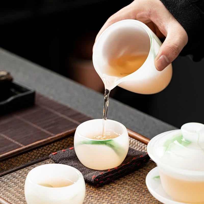 Handcrafted Jade-like Liuli Glass Tea Set – Elegant Chinese Gongfu Teaset with Gaiwan, Fairness Cup & Teacups
