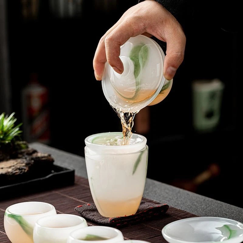 Handcrafted Jade-like Liuli Glass Tea Set – Elegant Chinese Gongfu Teaset with Gaiwan, Fairness Cup & Teacups