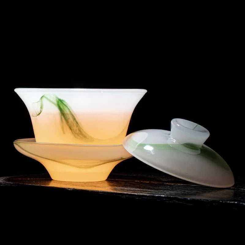 Handcrafted Jade-like Liuli Glass Tea Set – Elegant Chinese Gongfu Teaset with Gaiwan, Fairness Cup & Teacups