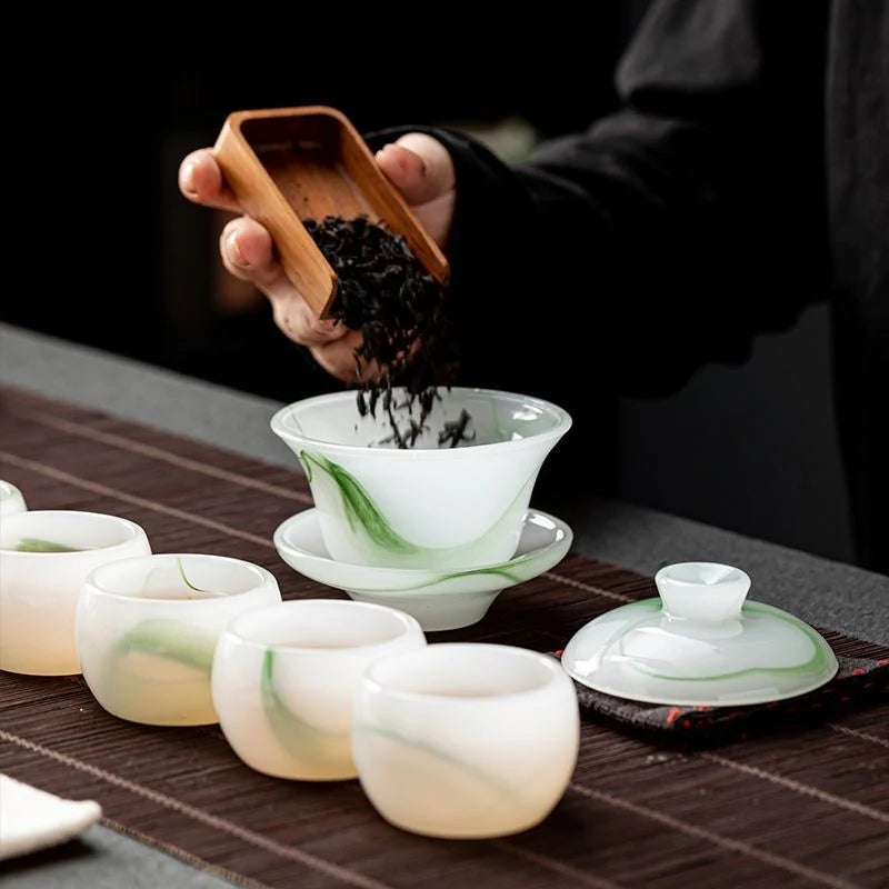 Handcrafted Jade-like Liuli Glass Tea Set – Elegant Chinese Gongfu Teaset with Gaiwan, Fairness Cup & Teacups