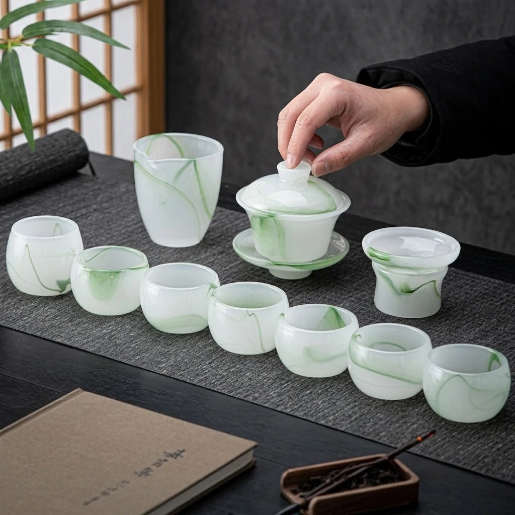 Handcrafted Jade-like Liuli Glass Tea Set – Elegant Chinese Gongfu Teaset with Gaiwan, Fairness Cup & Teacups