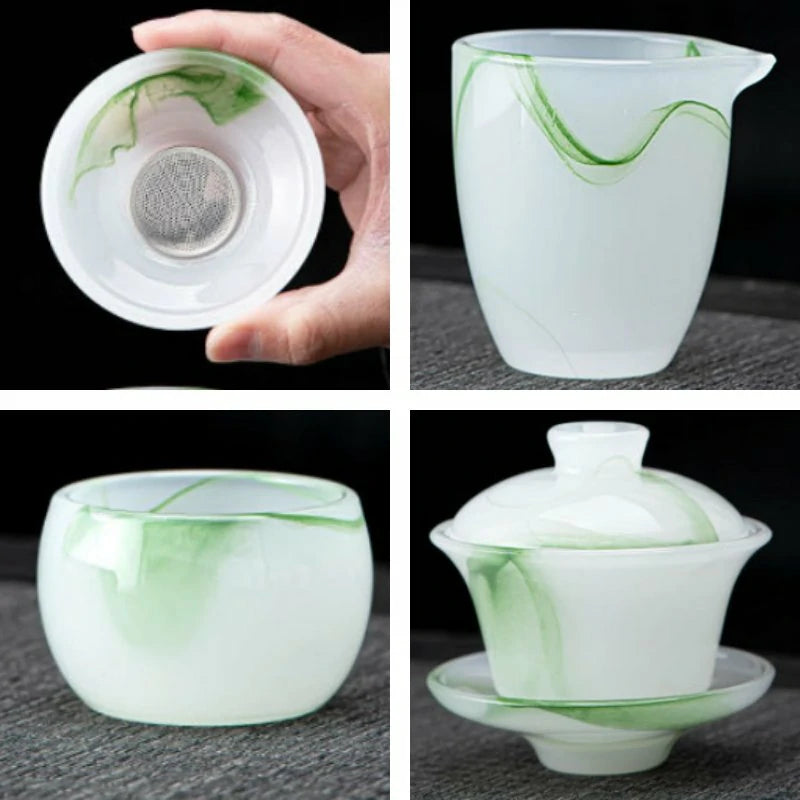 Handcrafted Jade-like Liuli Glass Tea Set – Elegant Chinese Gongfu Teaset with Gaiwan, Fairness Cup & Teacups