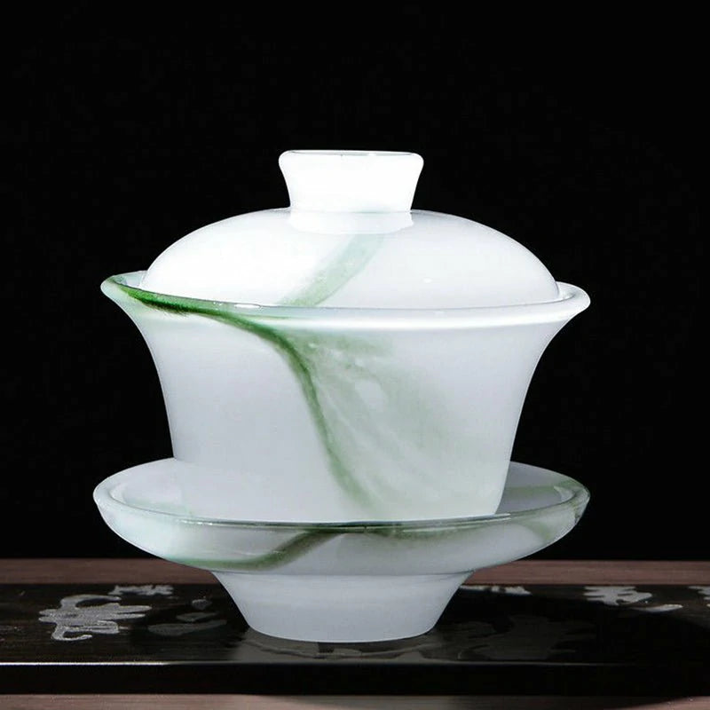 Handcrafted Jade-like Liuli Glass Tea Set – Elegant Chinese Gongfu Teaset with Gaiwan, Fairness Cup & Teacups